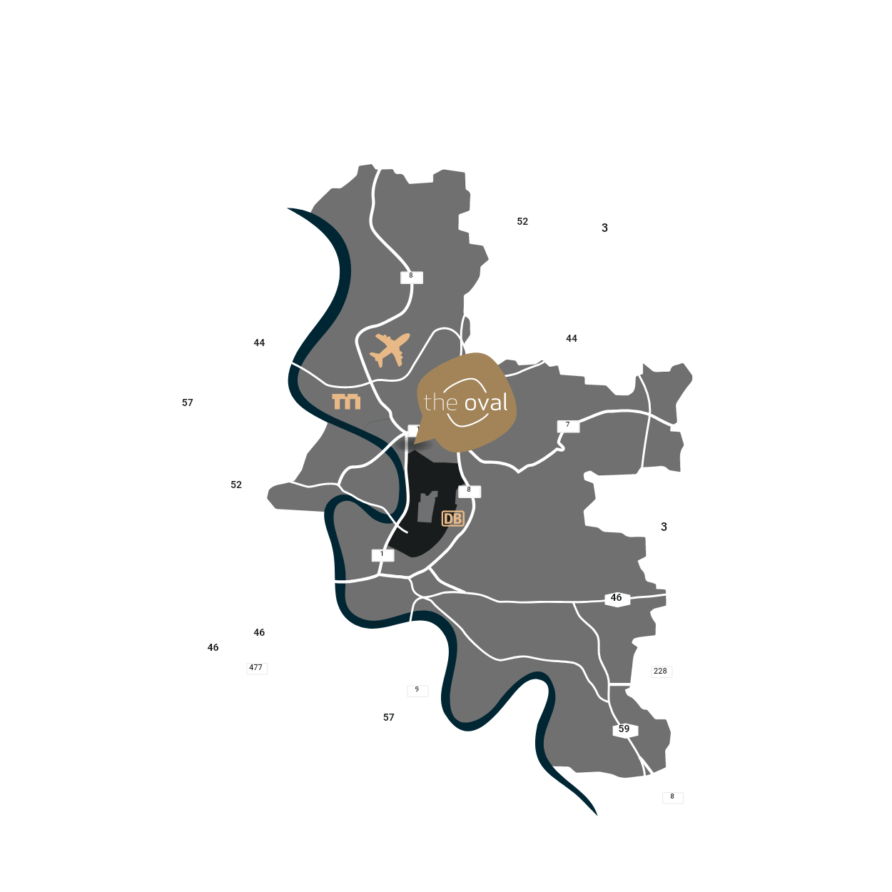 Anfahrtsskizze und Karte zum 'The Oval' in Düsseldorf